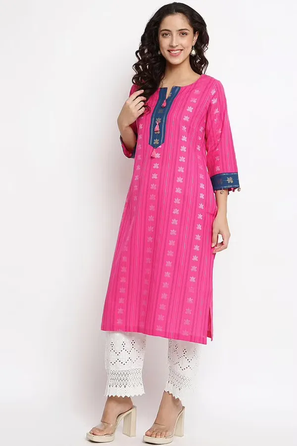 Pink Handloom Lotus Print Kurta