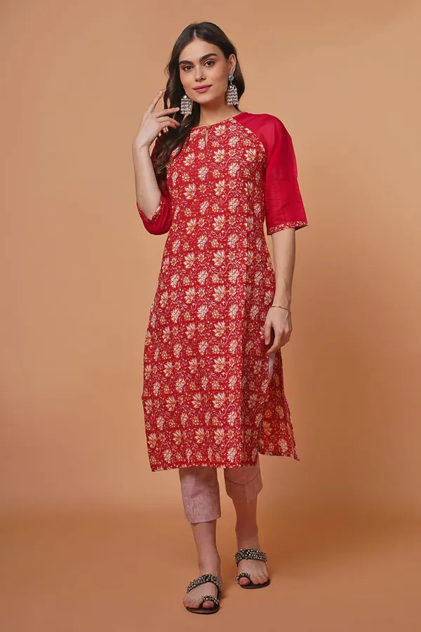 Red Short Floral Print Kurta