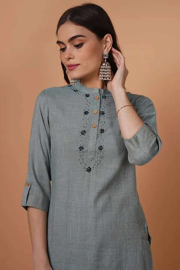 Grey Linen Kurta with hand embellishment