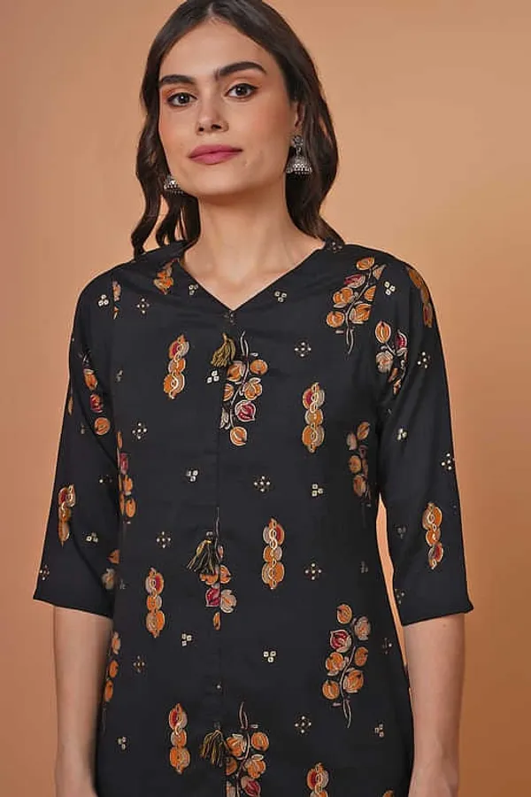 Black Rayon Foil Print Kurta