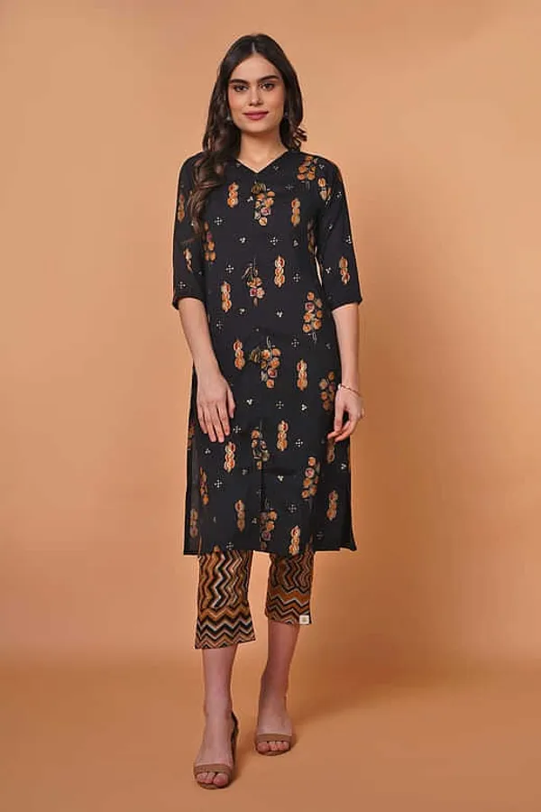 Black Rayon Foil Print Kurta