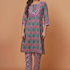 Pink Cotton Printed Kurta Set