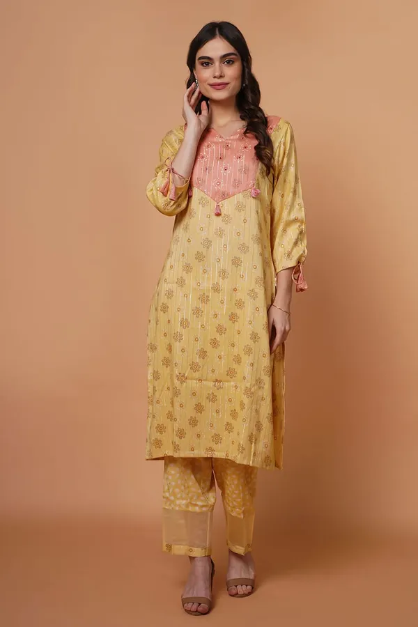 Yellow Rayon Foil Print Kurta Set