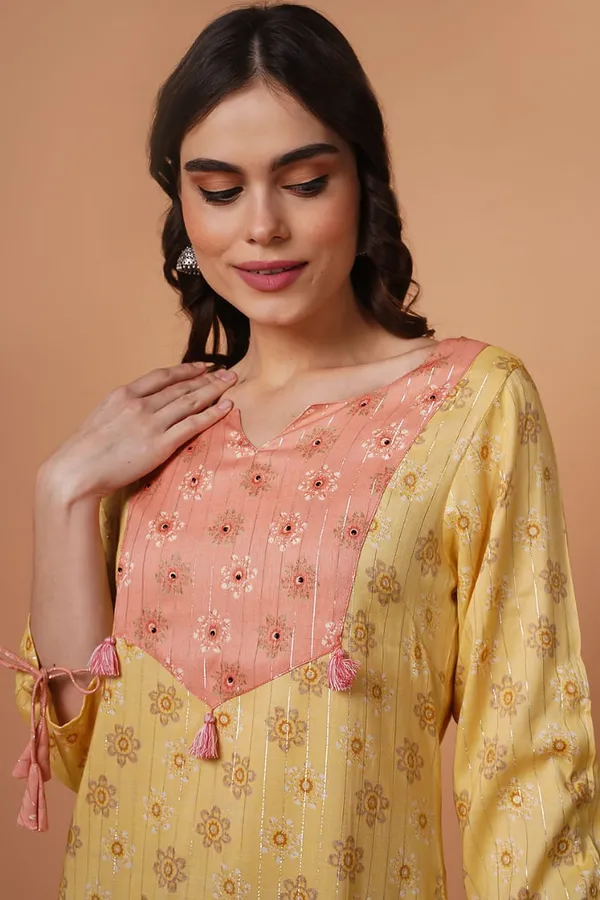 Yellow Rayon Foil Print Kurta Set