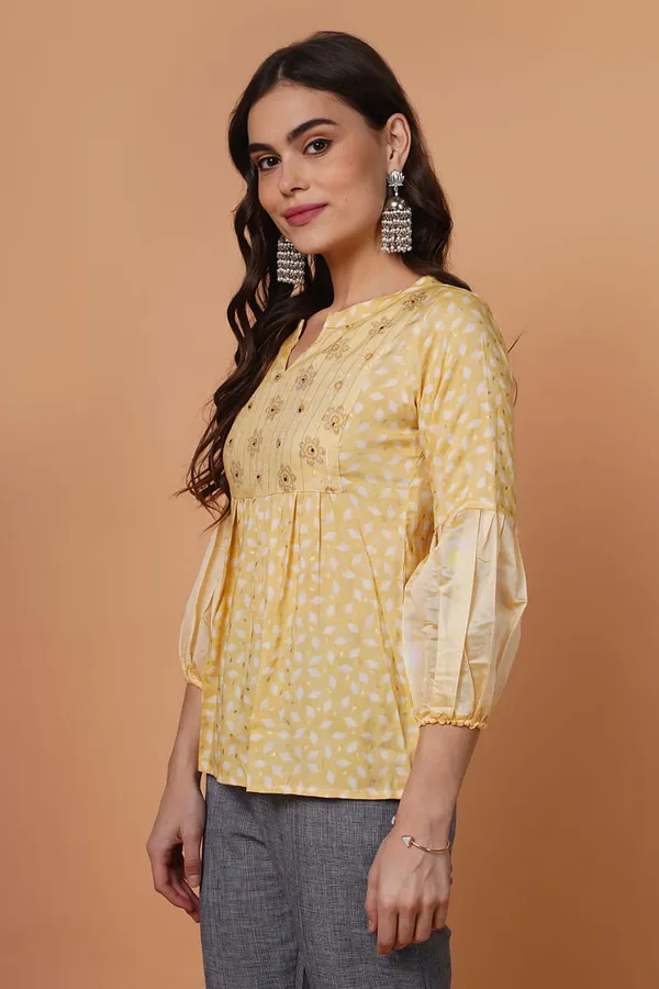 Yellow Rayon Puff Sleeve Top