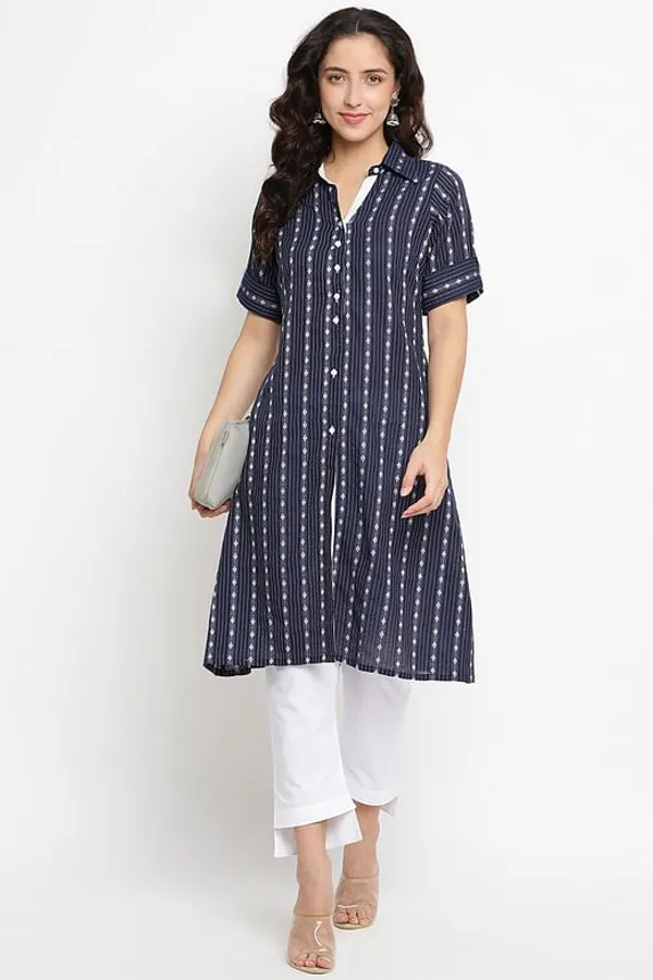 Blue Front Button Down Cotton Kurta