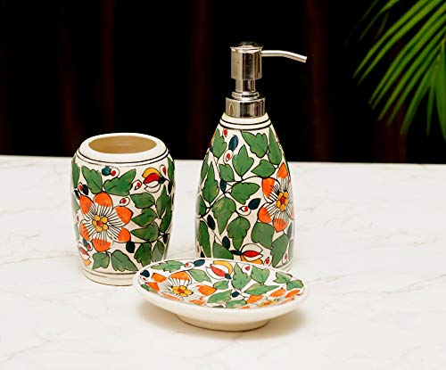 Freakway Elegant Handcrafted Ceramic Bathroom Accessory Set of 3 (Liquid Soap Dispenser, Soap Dish, Toothbrush Holder)_(Green & Red)