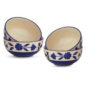 Freakway Hand-Painted Glossy Floral Ceramic Bowl Set of 4 (180ml) | Small Serving Soup Bowls, Cereal Bowl, Pasta Bowls | Dishwasher & Microwave Safe - Blue