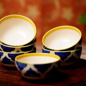 Freakway Hand-Painted Six Moroccan Ceramic Bowl (Blue, 180 ml, Set of 6) Microwave Safe (New)