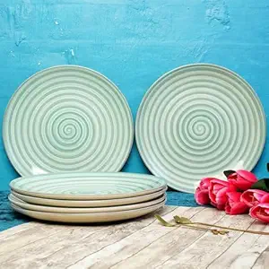 Freakway Hand-Painted 'sea Swirls' Stoneware Dinner Plates 10.2 Inch Set of 6 Pieces Serving Plate Thali Ceramic Plates for Dinner | Microwave & Dishwasher Safe | Green