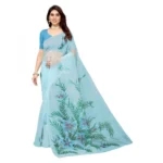 Women's Organza Floral Pattern Sarees (Sky Blue, 5-6 Mtrs)