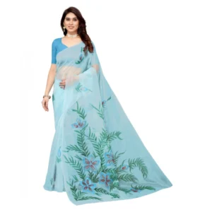 Women's Organza Floral Pattern Sarees (Sky Blue, 5-6 Mtrs)