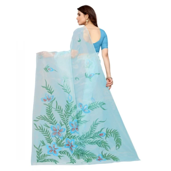 Women's Organza Floral Pattern Sarees (Sky Blue, 5-6 Mtrs)