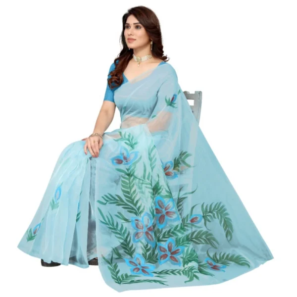 Women's Organza Floral Pattern Sarees (Sky Blue, 5-6 Mtrs)