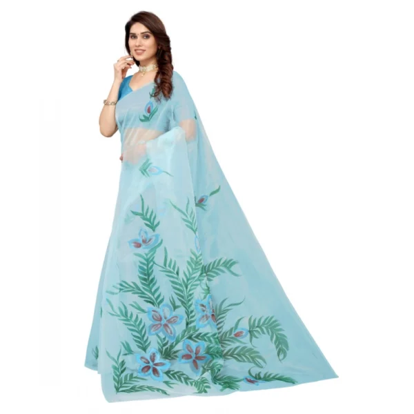 Women's Organza Floral Pattern Sarees (Sky Blue, 5-6 Mtrs)