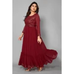 Women's Sequence Work Georget Long Gown (Maroon)