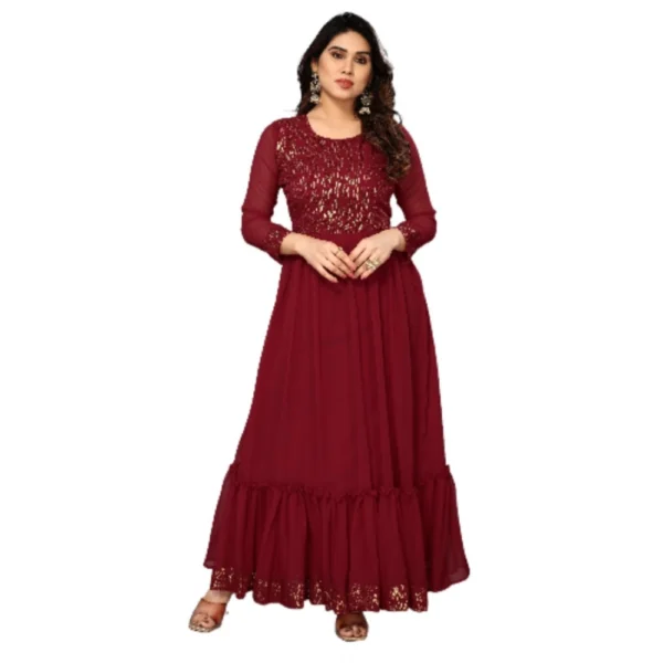 Women's Sequence Work Georget Long Gown (Maroon)