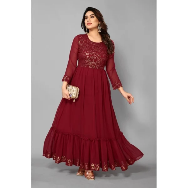 Women's Sequence Work Georget Long Gown (Maroon)