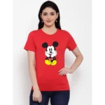 Women's Cotton Blend Mickey Mouse Printed T-Shirt (Red)