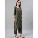 Women's Casual 3-4Th Sleeve Ethnic Motifs Poly Silk KurtiPalazzo And Dupatta Set (Green)