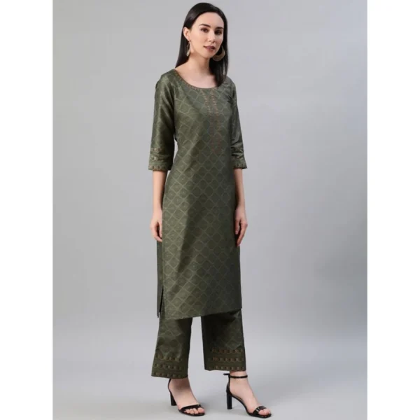 Women's Casual 3-4Th Sleeve Ethnic Motifs Poly Silk KurtiPalazzo And Dupatta Set (Green)