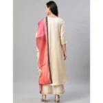 Women's Casual 3-4Th Sleeve Ethnic Motifs Poly Silk KurtiPalazzo And Dupatta Set (Cream)