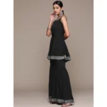 Women's Casual Sleeveless Ethnic Motifs Crepe Kurti Sharara And Dupatta Set (Black)