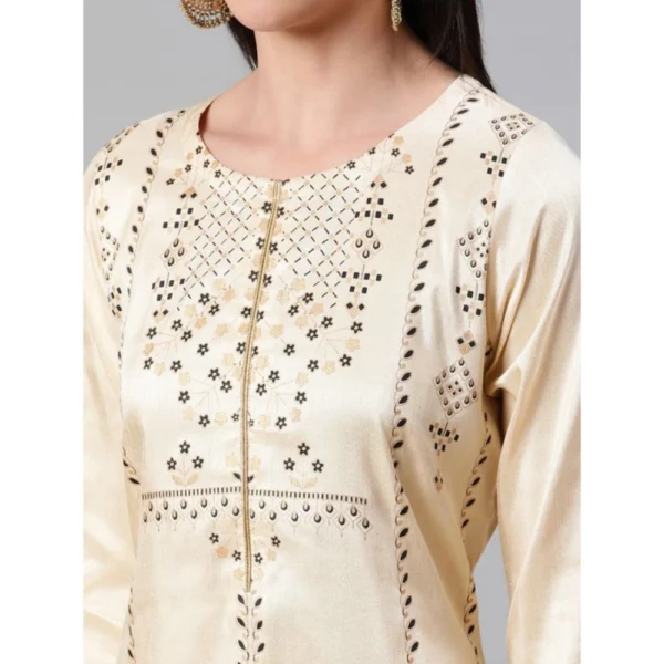 Women's Casual 3-4Th Sleeve Ethnic Motifs Poly Silk KurtiPalazzo And Dupatta Set (Cream)