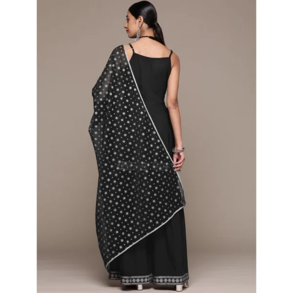 Women's Casual Sleeveless Ethnic Motifs Crepe Kurti Sharara And Dupatta Set (Black)