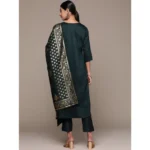 Women's Casual 3-4Th Sleeve Ethnic Motifs Chinon Kurti Pant And Dupatta Set (Bottle Green)