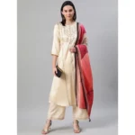 Women's Casual 3-4Th Sleeve Ethnic Motifs Poly Silk KurtiPalazzo And Dupatta Set (Cream)