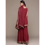 Women's Casual Sleeveless Ethnic Motifs Crepe Kurti Sharara And Dupatta Set (Maroon)