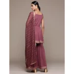 Women's Casual Sleeveless Ethnic Motifs Crepe Kurti Sharara And Dupatta Set (Brown)