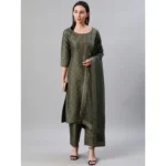 Women's Casual 3-4Th Sleeve Ethnic Motifs Poly Silk KurtiPalazzo And Dupatta Set (Green)