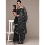 Women's Casual Sleeveless Ethnic Motifs Crepe Kurti Sharara And Dupatta Set (Black)