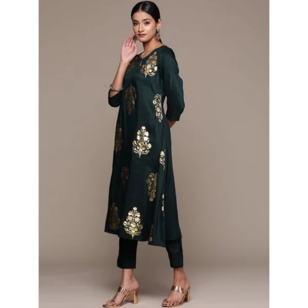 Women's Casual 3-4Th Sleeve Ethnic Motifs Chinon Kurti Pant And Dupatta Set (Bottle Green)