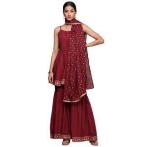 Women's Casual Sleeveless Ethnic Motifs Crepe Kurti Sharara And Dupatta Set (Maroon)