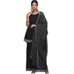 Women's Casual Sleeveless Ethnic Motifs Crepe Kurti Sharara And Dupatta Set (Black)