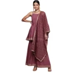 Women's Casual Sleeveless Ethnic Motifs Crepe Kurti Sharara And Dupatta Set (Brown)