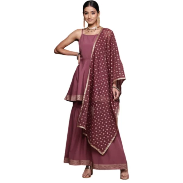 Women's Casual Sleeveless Ethnic Motifs Crepe Kurti Sharara And Dupatta Set (Brown)