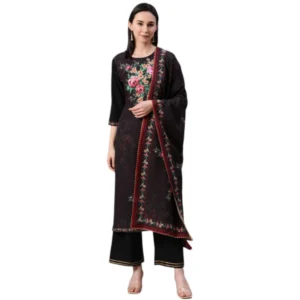 Women's Casual 3-4Th Sleeve Floral Printed Crepe KurtiPalazzo And Dupatta Set (Black)