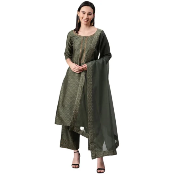 Women's Casual 3-4Th Sleeve Ethnic Motifs Poly Silk KurtiPalazzo And Dupatta Set (Green)