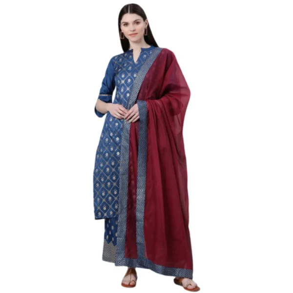 Women's Casual 3-4Th Sleeve Floral Printed Poly Silk KurtiPalazzo And Dupatta Set (Blue)