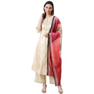 Women's Casual 3-4Th Sleeve Ethnic Motifs Poly Silk KurtiPalazzo And Dupatta Set (Cream)