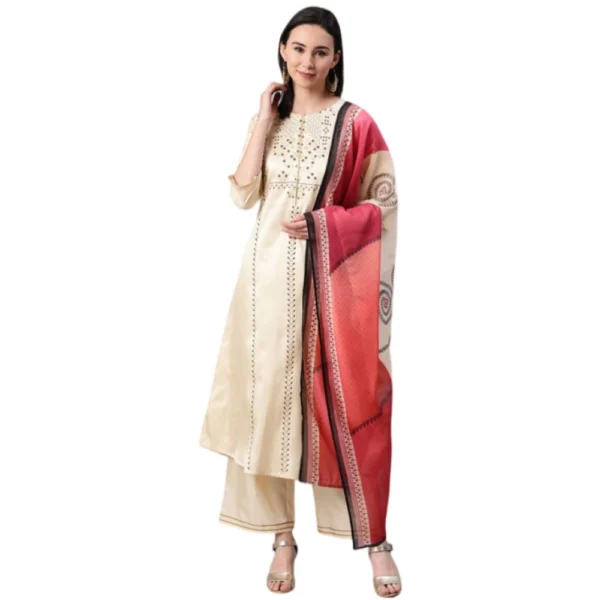 Women's Casual 3-4Th Sleeve Ethnic Motifs Poly Silk KurtiPalazzo And Dupatta Set (Cream)