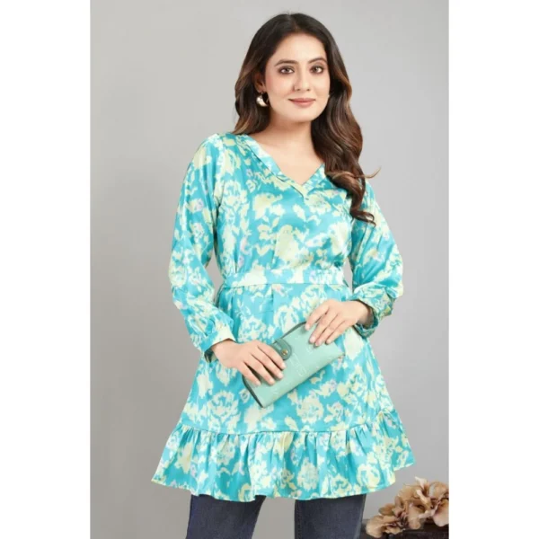 Women's Casual Full Sleeve Printed Satin Top (Turquoise)