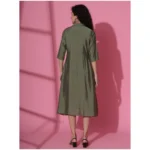 Women's Casual 3-4th Sleeve Solid Chanderi silk Dress (Olive-Green)