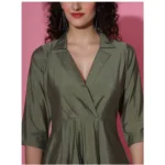 Women's Casual 3-4th Sleeve Solid Chanderi silk Dress (Olive-Green)