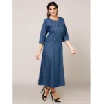 Women's Casual Denim Embroidery 3-4th sleeve A-line Dress (Blue)