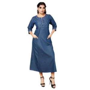 Women's Casual Denim Embroidery 3-4th sleeve A-line Dress (Blue)